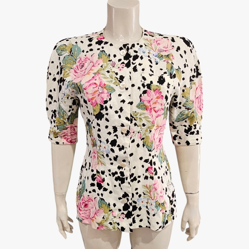 Vtg RICKIE FREEMAN Teri Jon Linen Cream Animal Floral Print Jacket Blouse S/M